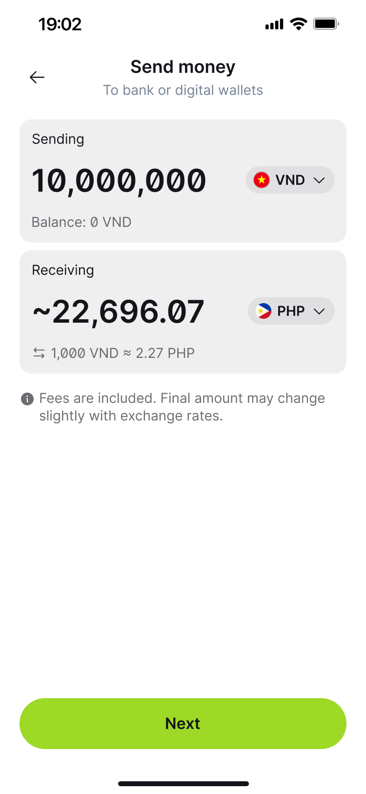 Send money screen